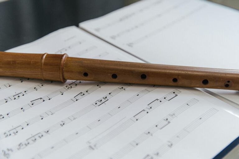 A recorder on top of sheet music.